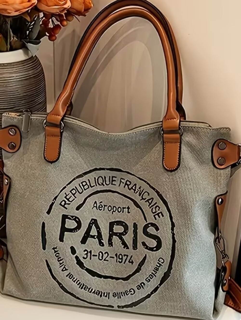 Paris Stamp Canvas Medium Size Tote with Tan Handles- Grey